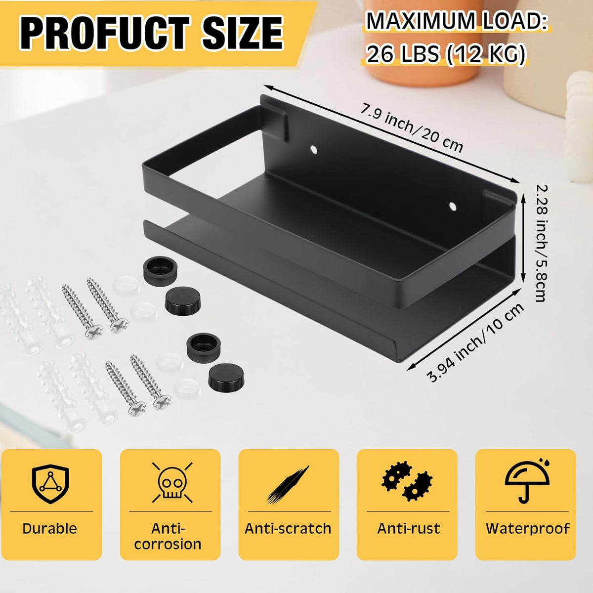 Lallisa 2 Pieces Stainless Steel Shelf Bathroom Shower Floating Shelves Wall Mounted Shower Caddy Basket Shelf Storage Organizer Shelves for Bathroom, Kitchen, Living Room (7.87 Inches/ 20 cm,Black)