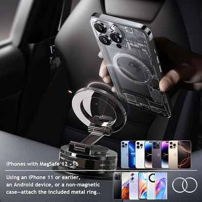 Phone Holders for Your car, Compatible with MagSafe, Ultra Vacuum Suction Cup Mount, 360° Rotation, Car Phone Holder Compatible with All Models, Carbon Fiber Deep Brown