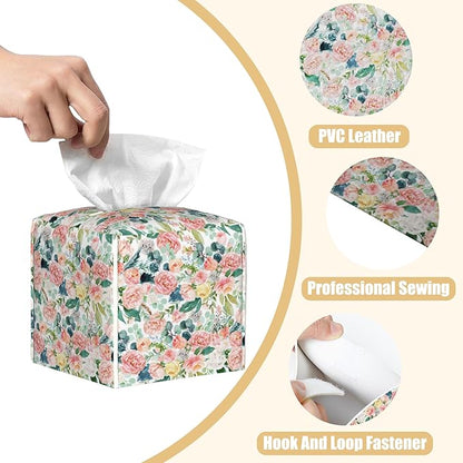 BLYKVGHQ Pink Watercolor Flowers Tissue Box Cover Square, Tissue Box Holder with Bottom Belt Leather Facial Paper Organizer Dispenser for Bathroom Bedroom Dresser Night Stand Tabletop