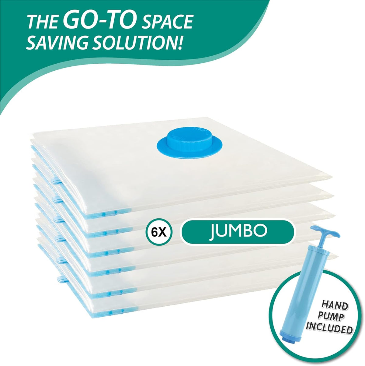 6 Jumbo Vacuum Storage Bags, Space Saver Bags Compression Storage Bags for Comforters and Blankets, Vacuum Sealer Bags for Clothes Storage, Hand Pump Included