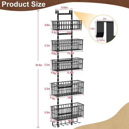 Adjustable Over The Door Organizer, Metal Hanging Door Organizer with 5 Wire Basket 7 Hooks, Wall Mounted Shelf for Pantry Laundry Organization and Storage, Black