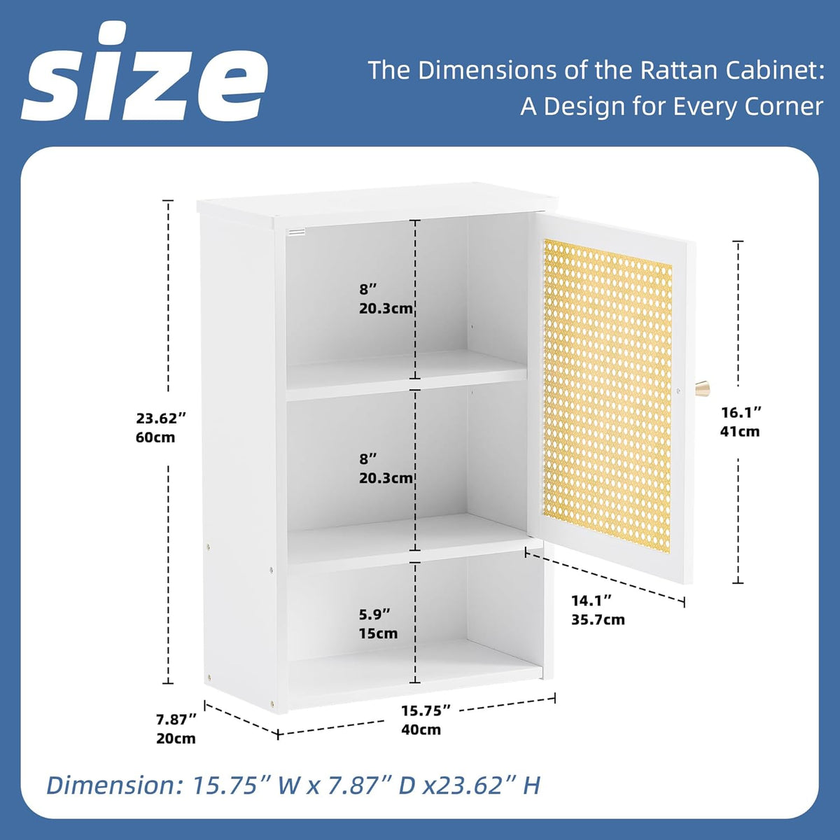 HITNET Bathroom Cabinet Wall Mounted, Rattan Medicine Cabinet, Bamboo Hanging Storage Organizer Over The Toilet with Adjustable Shelf for Living Room, Kitchen, Hallway (White)
