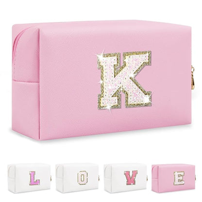Small Personalized Initial A-Z Patch Makeup Bag,Pink Cute PU Leather Glitter Letter Cosmetic Bag for Teen Girls,Travel Toiletry Bag with Zipper,Preppy Monogrammed Birthday Gift for Daughter Niece K
