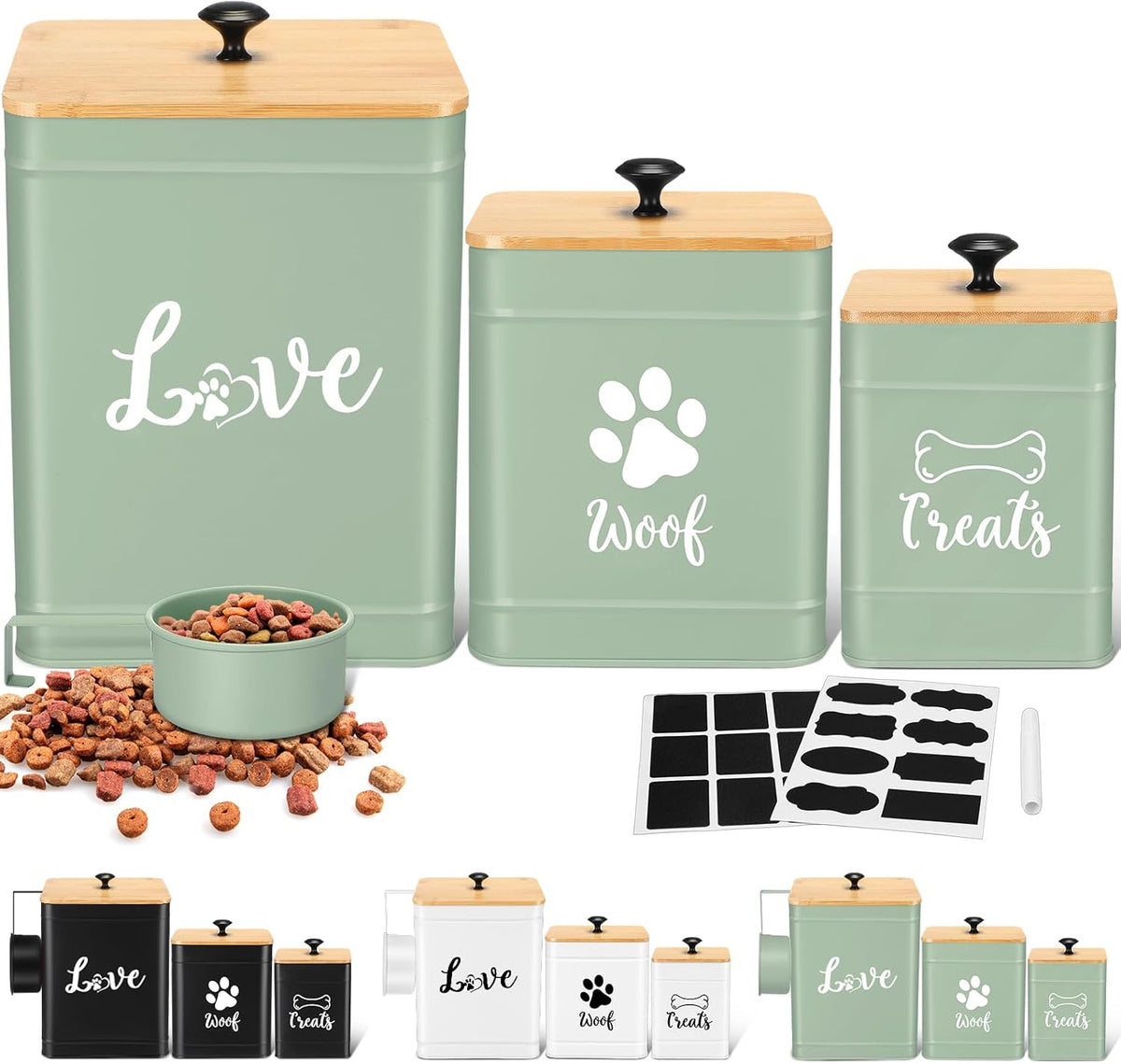 Metal Dog Treat Containers Set of 3 with Bamboo Lids and Spoon Airtight 7+3+2 lbs Dog Food Snack Jars with DIY Labels Big Pet Cookie Storage Jar for Kitchen Counter (Sage Green,Cute)