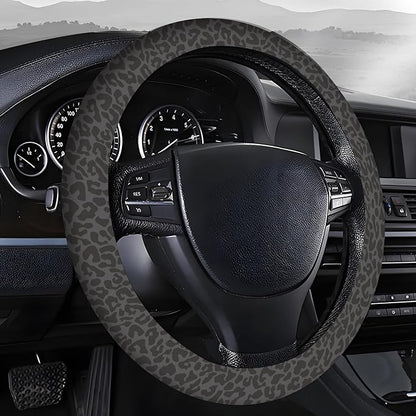Steering Wheel Covers for Car, Truck, and SUV, Cute Non-Slip Breathable Elastic Steering Wheel, Car Accessories, Universal 15 Inch Leather Cover for Men Women Black Leopard