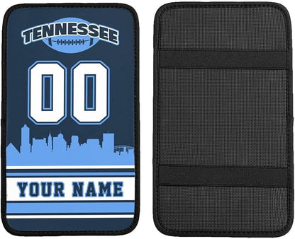 Custom Tennessee Car Armrest Covers Personalized Football Style with Name Number Customized Auto Center Console Pad Car Handrail Box Cushion for Most Vehicle Decor Accessories, Fans Gift