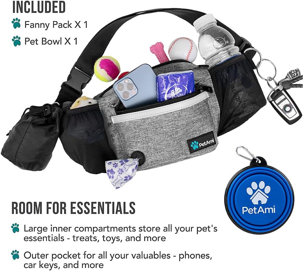PetAmi Dog Fanny Pack, Treat Pouch for Dog Walking, Training, Built in Poop Bag Dispenser, Water Bottle Holder, Collapsible Bowl, Pet Treat Waist Belt for Hiking, Running, Kibbles (Grey)