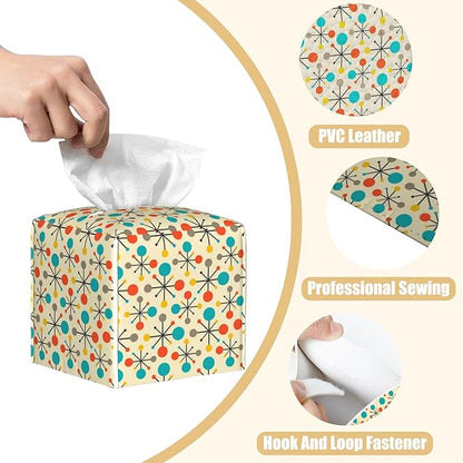 BLYKVGHQ Mid Century Modern Atomic Tissue Box Cover Square, Retro Tissue Box Holder with Bottom Belt Leather Facial Paper Organizer Dispenser for Bathroom Bedroom Dresser Night Stand Tabletop
