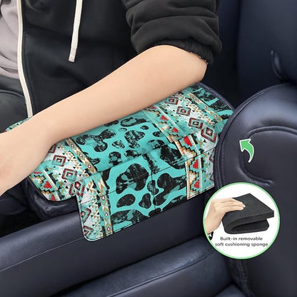Wanyint Aztec Cow Print Teal Auto Center Console Armrest Cover Arm Rest Seat Box Protective Cover with Side Storage Pockets Comfortable Middle Console Pad for Car Side Storage Box