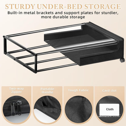 Under Bed Storage with Wheels 2-Pack，Under Bed Storage Containers XXL，Underbed Shoes Storage with Clear Lid,Rolling UnderBed Metal Drawer for Clothes Blankets Easy Pull-out Black