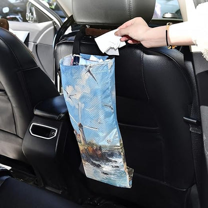 ALAZA Hanging Car Trash Bags Garbage Bag Trash Can for Back Seat Small Seagull Lighthouse 3 Washable Storage Bag Retractable 2 Pack