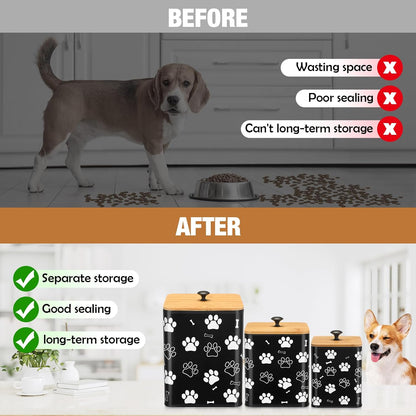 Airtight Dog Food Containers with Bamboo Lids, Metal Dog Treat Jars Canisters for Kibble, Biscuits, Snacks, Cookies, Pet Food Storage Set for Kitchen Counter Christmas Gift(Black)