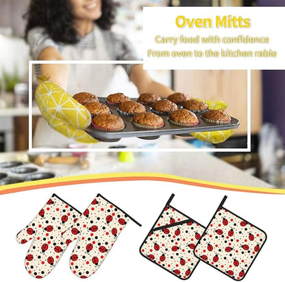 Ladybugs Oven Mitts and Pot Holders 4 Pcs Set Oven Gloves and Potholders for Cooking Microwave BBQ Baking Grilling