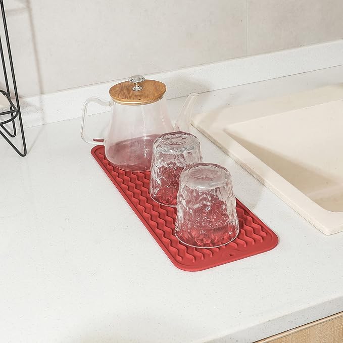 Silicone Dish Drying Mat for Multiple Usage,Easy clean,Eco-friendly,Heat-resistant Silicone Mat for Kitchen Counter,Sink,Bar,Bottle,or Cup Red M 17 inches x 6 inches