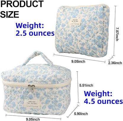 Fcteap Makeup Bag Travel Essentials Quilted Cosmetic Toiletry Pouch Organizer Insert for Women Dorm Room Essential Gift Large Capacity Opening Lightweight Cute Aesthetic Portable 2PCS (Flower)