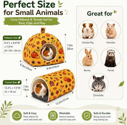 Guinea Pig Hideout Tunnel Set, 2 Pack Washable Small Animal Bed with Removable Cushion, Hamster Hideout Play Tunnel Toys for Guinea Pigs, Hamsters, Hedgehogs, Ferrets, Orange Pumpkin