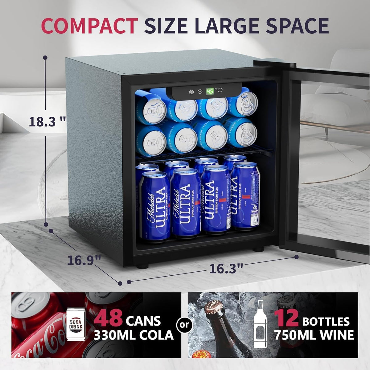 48 Can Beverage Refrigerator Cooler, Mini Fridge Glass Door with Adjustable Shelves, Freestanding Beverage Fridge with Blue LED for Home/Office/Dorm/Bar, 1.3 Cu.ft