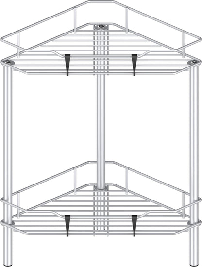 2 Tier Floor Standing Corner Shower Caddy Organizer Shelf with Hooks, Bathroom Shelves Stand Rack, Silver
