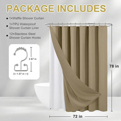 ROLIZOE 3-in-1 Waffle Texture Shower Curtain Set with TPU-Coated Waterproof Liner and 12 Upgraded Double-Sided Hooks, Well-Matched Sizes for a Seamless Fit – Khaki, 72" x 78"