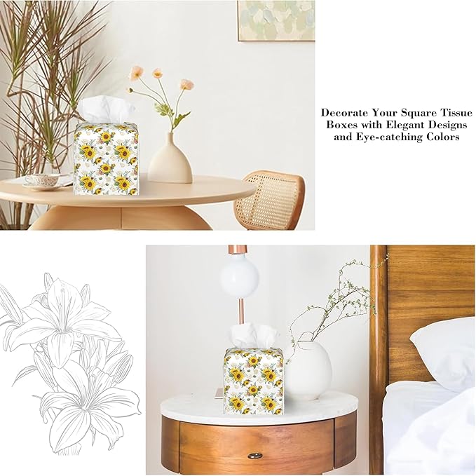 Sunflower Bouquets and Butterflies Tissue Box Cover Square Leather Tissue Holder Waterproof Facial Paper Organizer Dispenser Cube Paper Cover Case for Home Office Bathroom Vanity Countertop
