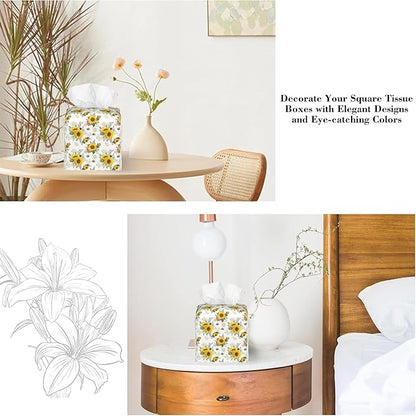 Sunflower Bouquets and Butterflies Tissue Box Cover Square Leather Tissue Holder Waterproof Facial Paper Organizer Dispenser Cube Paper Cover Case for Home Office Bathroom Vanity Countertop