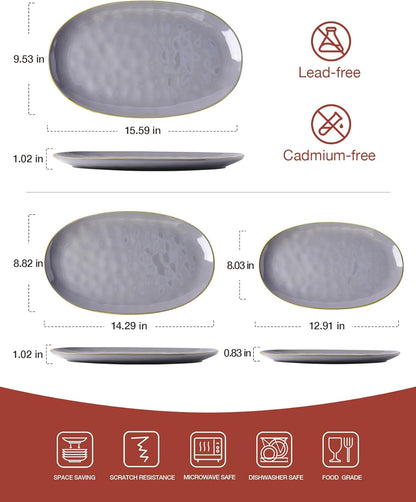 famiware Serving Platter, Oval 15.59/14.3/12.9 inch Serving Dishes for Entertaining, Serving Bowls, Microwave Safe, Fine Stonware Serving Trays for Party, Turkey, Cheese, Ocean Series, Dark Grey