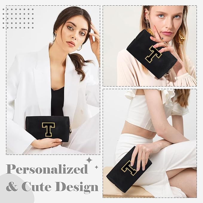 Personalized Initial A-Z Preppy Patch Makeup Bag,Small PU Chenille Letter Cosmetic Bag with Zipper for Teen Girls,Black Cute Toiletry Organizer Bag,Monogram Makeup Case Gift for Women Girls,Letter T