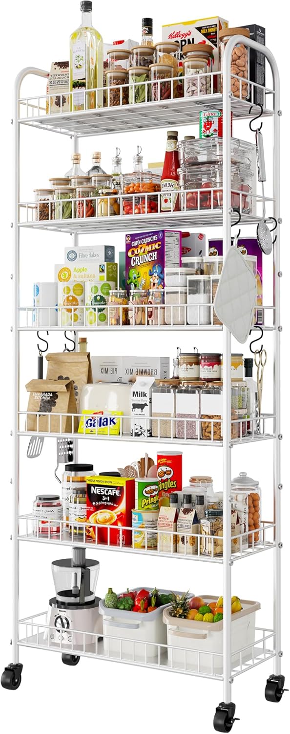 6 Tier Slim Rolling Storage Cart with Wheels, Metal Mobile Shelving Unit Organizer Utility Cart for Office Bathroom Kitchen Laundry Room Narrow Places (White 10 Inches)