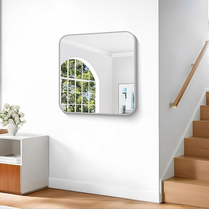 Silver Bathroom Mirror, 30 x 30 Inch Silver Square Mirror, Metal Framed