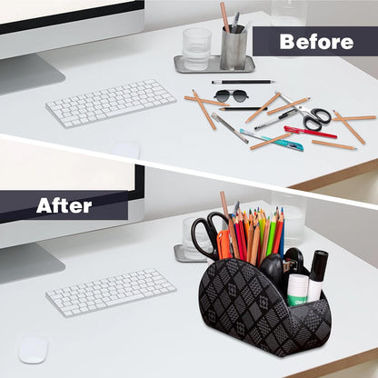 Remote Control Holders Organizer Box with 5 Compartment PU Leather Multi-functional Office Desk Storage Caddy Store Tv Remote for Media Player,Brush,Pencil,Glassees&Office Supplies (Grey print)