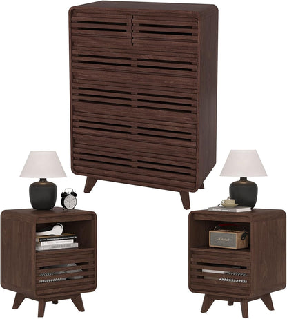 3 Piece Bedroom Set, Tall Dresser and Nightstand Sets for Bedroom, Fluted 6 Drawer Dresser and Nightstand Set of 2, Wood Chest of Drawers Storage Organizer Cabinet Set, Dark Walnut