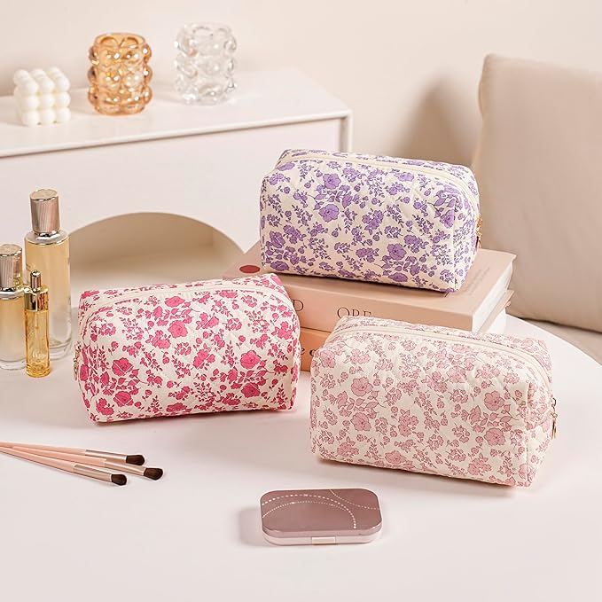 Gleyemor Small Quilted Makeup Bag for Women, Cute Floral Bow Cosmetic Bag, Emergency Bag Travel Toiletry Cotton Pouch Gifts for Girls Her Mom Friend Sister Bridesmaid (Pink Flower)