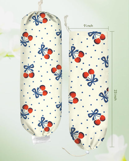 Plastic Bag Holder, Grocery Bag Organizer - 1 Pack Cute Kitchen Dispenser Holders Reusable Shopping Western Hanging Wall with Adjustment Drawstring Closure for Women Home, Cherry