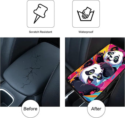 Car Armrest Cover Pads Universal Fashion Cute Auto Center Console Armrest Cover Pad with 2PCS Car Coasters Soft Waterproof Car Armrest Seat Protector for Women, Cute Panda Playing