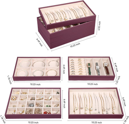 LANDICI Stackable Jewelry Organizer Trays 4 Set,PU Leather Jewelry Organizer Drawer,Jewelry Storage Display Tray for Earring Necklace Rings Bracelet with Removable Dividers,Purple