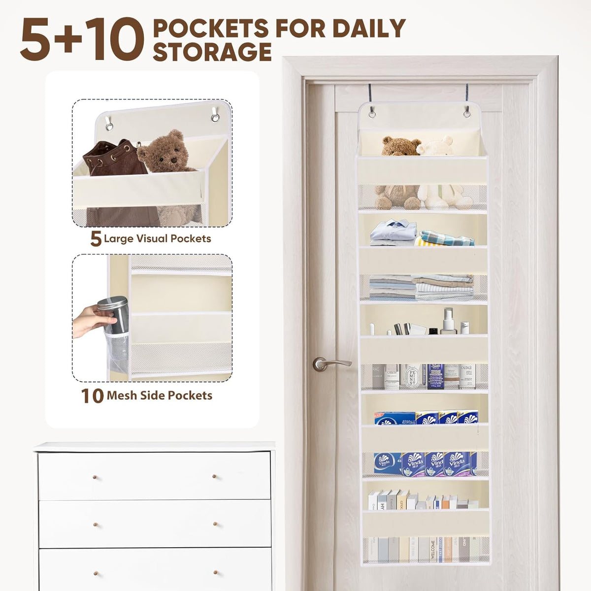 QINGUANG Over The Door Organizer,Hanging Organization and Storage, Behind Door Organizer with Side Pockets, 44 lbs Capacity,Anti Tilt, for Nursery, Bathroom, Bedroom,Dorm 5-Shelf Beige