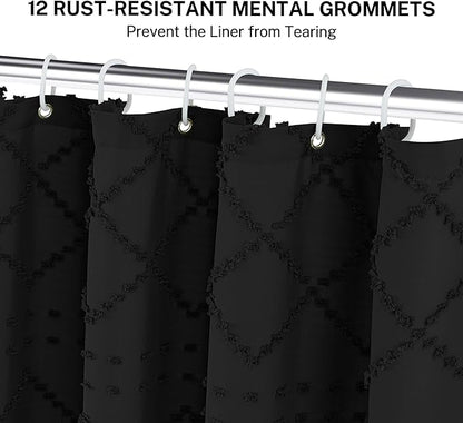 Extra Long Black Woven Fabric Boho Shower Curtain with Tassels 72 x 90 Modern Farmhouse Minimalist, Tufted Chevron Textured Striped Shabby Chic, Water Resistant Cloth Curtain for Bathroom, Hotel Decor
