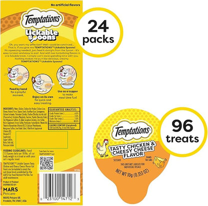 Temptations Lickable Spoons Adult Wet Cat Treat, Tasty Chicken and Cheesy Cheese Flavor, 4 Spoons, Pack of 24 (96 Total)