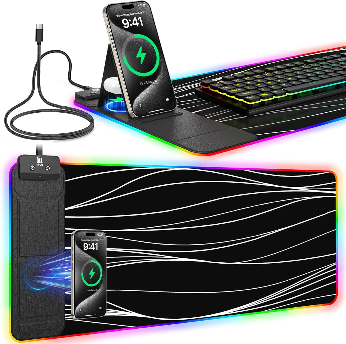 RGB Mouse Pad with Foldable Phone Stand & Wireless Charger, 31.5"x11.8" XL Gaming Mousepad Large Desk Mat, Desk Pad with Dual Charging for Phone & AirPods | 11 Colors & 5 Modes | Waterproof