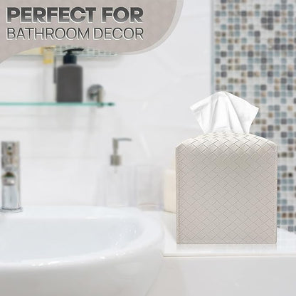 Tissue Box Cover Holder, PU Leather Tissue Box Cover with Braided Pattern, Square Tissue Holder with Bottom Belt, Modern Organizer for Bathroom, Car, Office, Tabletop(Pearl White,12 Braided Patterns)