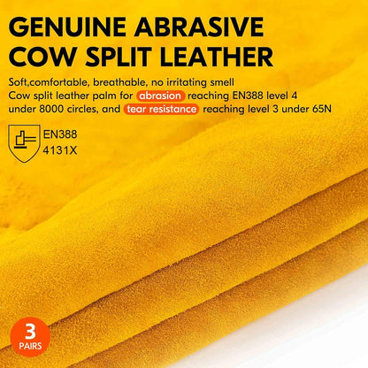 Vgo... 3-Pairs Unlined Cowhide Split Leather Work and Driver Gloves, for Heavy Duty, Truck Driving, Warehouse, Gardening, Farm (Size S, Gold, CB9501)