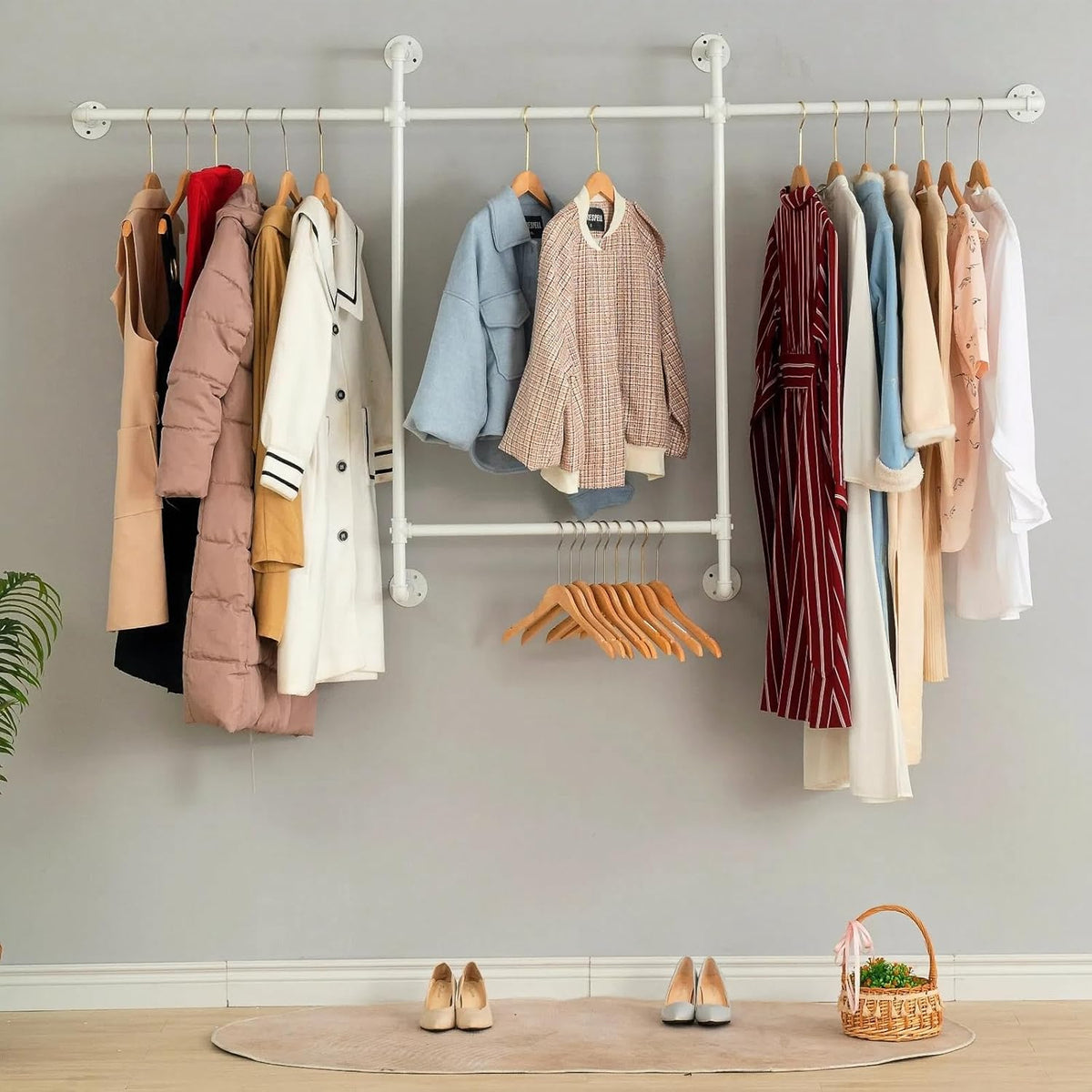 Industrial Clothing Racks Garment Racks, Wall Mounted Pipes Clothes Racks with Four Hanging Rods, Heavy Duty Garment Racks, Industrial Steampunk Closet Organizer Hall Tree (Metal Pipes-White)