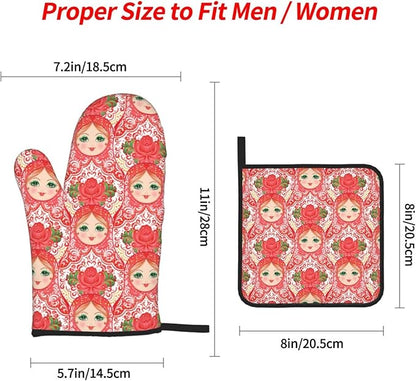 Traditional Russian Nesting Doll with Flowers Oven Mitts and Pot Holders 4 Pcs Set Oven Gloves and Potholders for Cooking Microwave BBQ Baking Grilling
