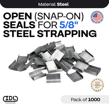 IDL Packaging Open (Snap-On) Seals for 5/8" Strap Width Steel Strapping (Pack of 1000) - Superior Holding Power - Sturdy Metal Clips for Securing Heavy Packaging and Pallet Banding