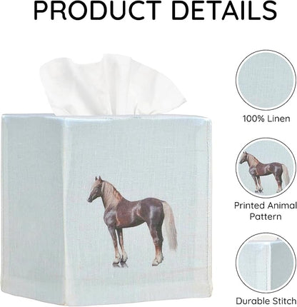 EmbroideryLinen.VN Tissue Box Cover Set of 2, Square Linen Tissue Holder, Printed Animal Pattern, 4.5x4.5x5.5 Inches, Decorative Holder for Bathroom, Living Room, Office (Horse - Ivory & Pink)