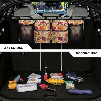 Hanging Car Trunk Organizer, Thanksgiving Maple Leaves Car Back Seat Storage Bag with 4 Pockets Waterproof Auto Interior Accessories for SUV MPV Sedan Truck Jeep