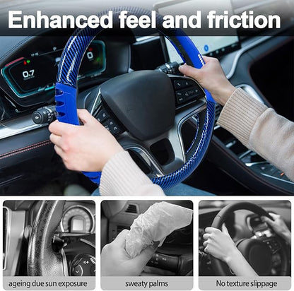 Sport Style Blue PU Leather Steering Wheel Cover with Bright-Blue Sport Grip Anti-Slip Breathable Steering Wheel Accessory Universal Fit 14.75-15 inch