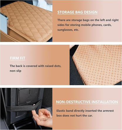 Car Center Console Cover,Microfiber Leather Car Armrest Cover Cushion with Storage Bags, Universal Car Armrest Storage Box Car Interior Accessories for Most Vehicles, Khaki