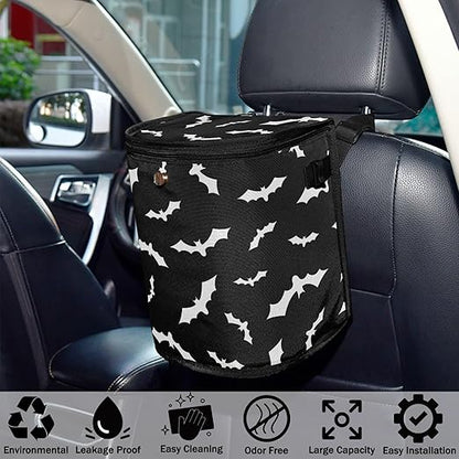 Bat Car Trash Can Halloween Black Car Garbage Bag with Lid Hanging Waterproof Leak Proof Vehicle Storage Bin