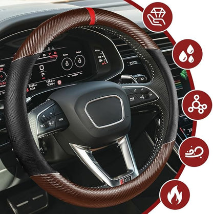 Car Steering Wheel Cover, Steering Wheel Accessories, 15 Inch Microfiber Leather Carbon Fiber Soft Anti-Slip Breathable, Car Accessories Elastic Non-Slip Cover for Most Vehicles (Coffee)